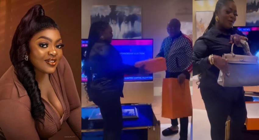Eniola Badmus Meets Pastor Tobi Adegboyega, Flaunts Multimillion Naira Worth Hermès Bag Gift (VIDEO)